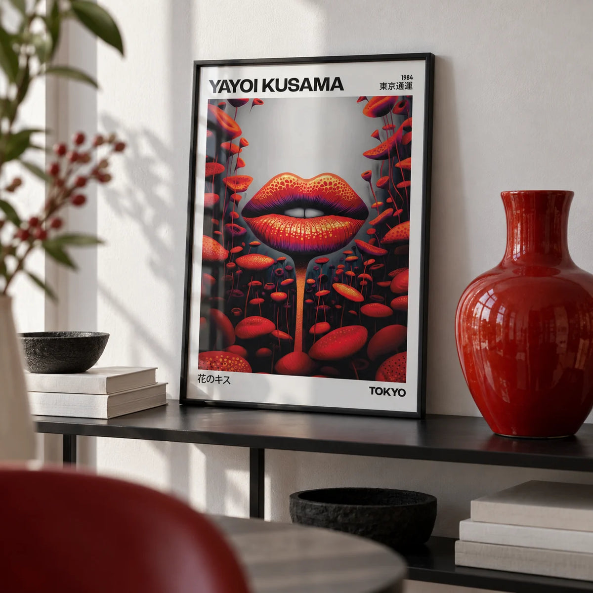 Strange Wall Art, a small A4 framed print leaning on a black metal shelf in a living room