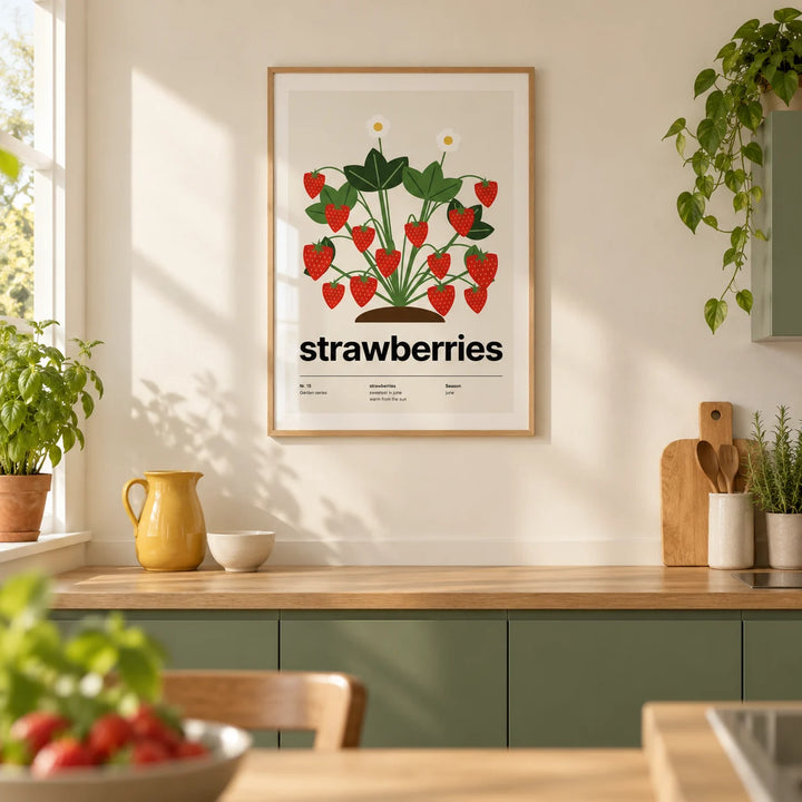 Strawberry Plant Print, framed on the wall of a bright modern kitchen in a UK terraced house with flat-front green cabinets