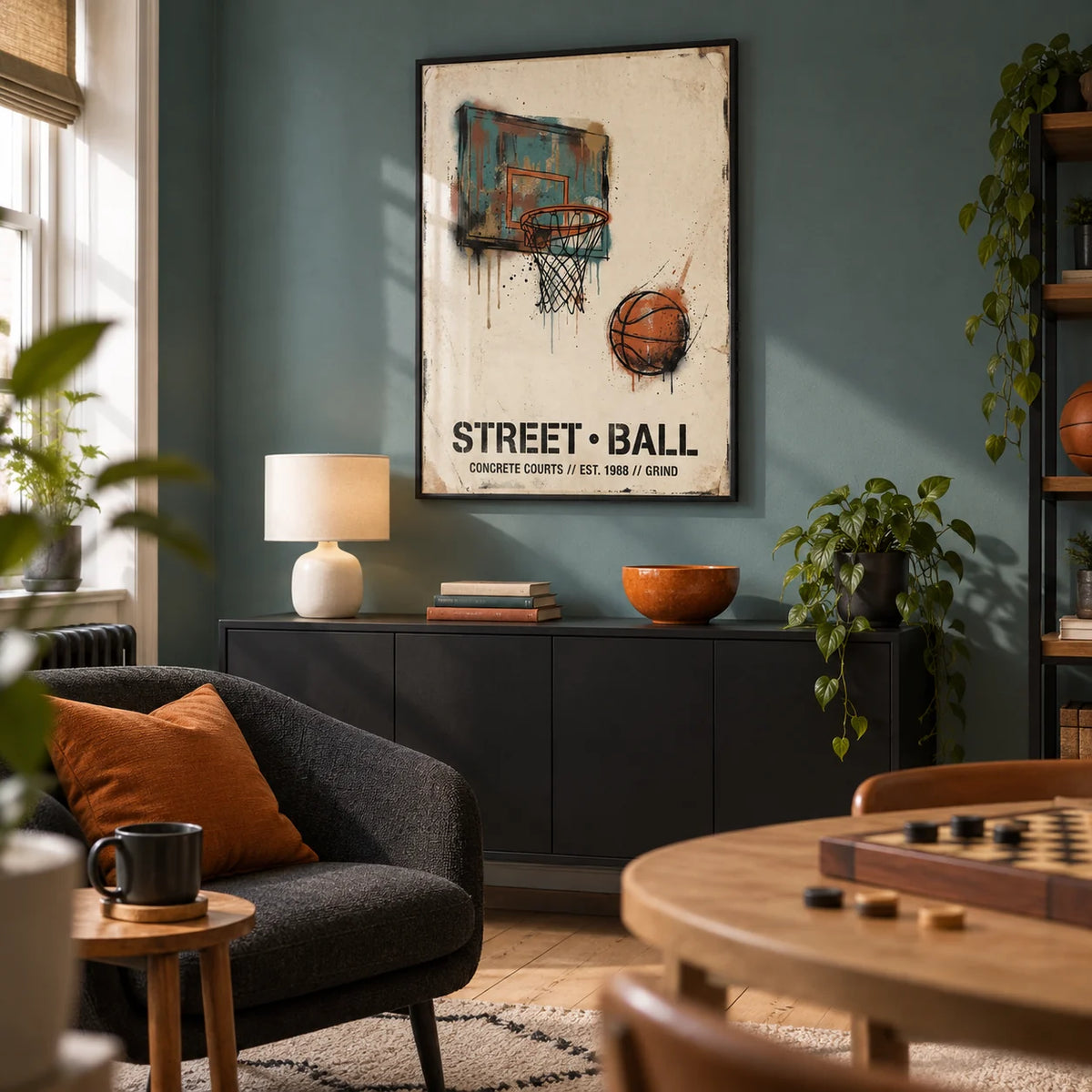 Street Basketball Art Print, framed on the wall of a compact basketball fan's games room in a UK maisonette with a muted teal wall and a pale timber floor in a living room