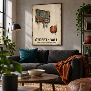 Street Basketball Art Print, framed on the wall of a compact design-led living room in a basketball fan's first city flat (22-28)