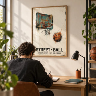 Street Basketball Art Print, framed on the wall of a young adult basketball fan's home study (22-35) with a cream wall and a simple oak desk