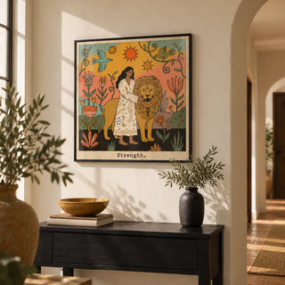 Strength Tarot Card Art, framed on the wall of a hallway with a plaster arch
