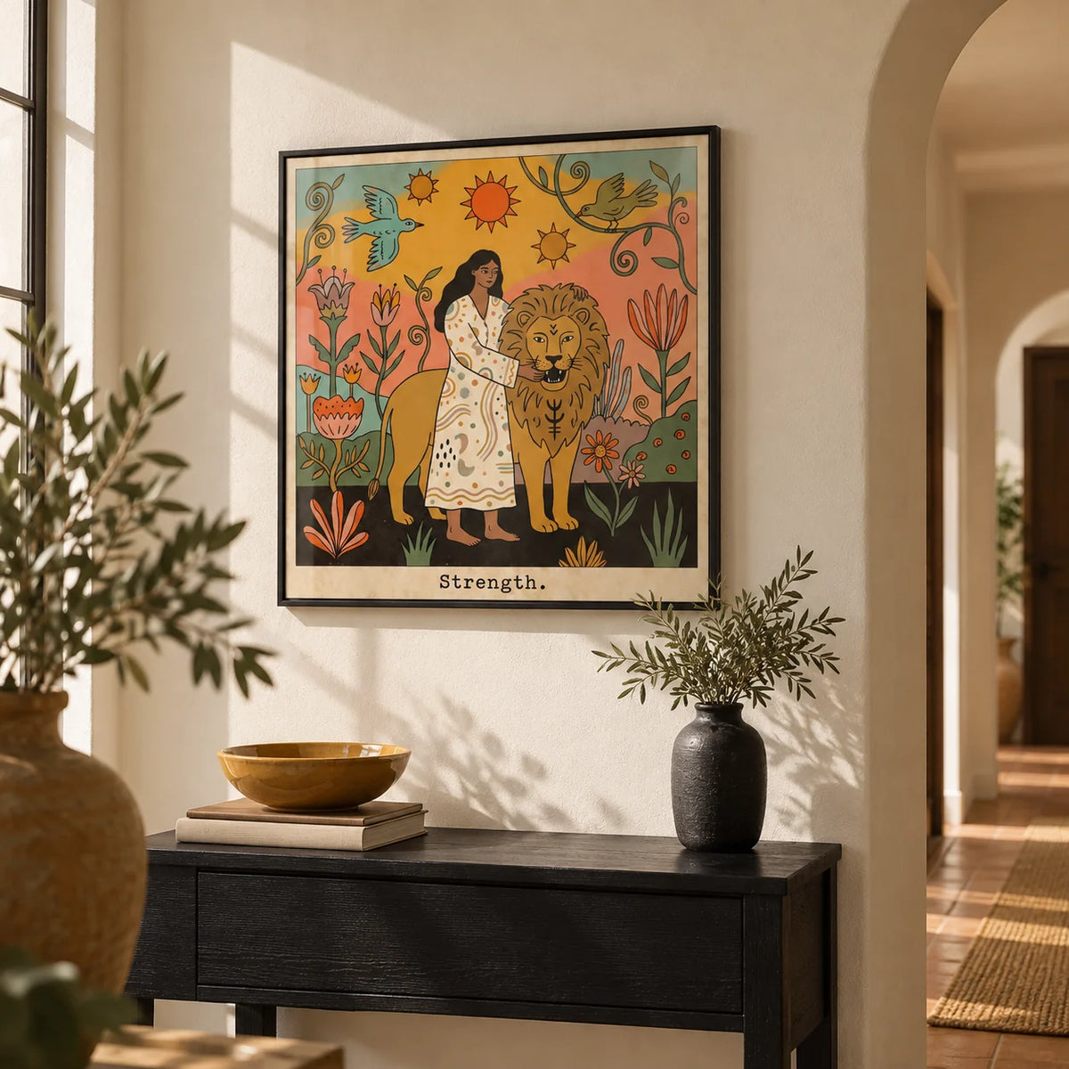 Strength Tarot Card Art, framed on the wall of a hallway with a plaster arch