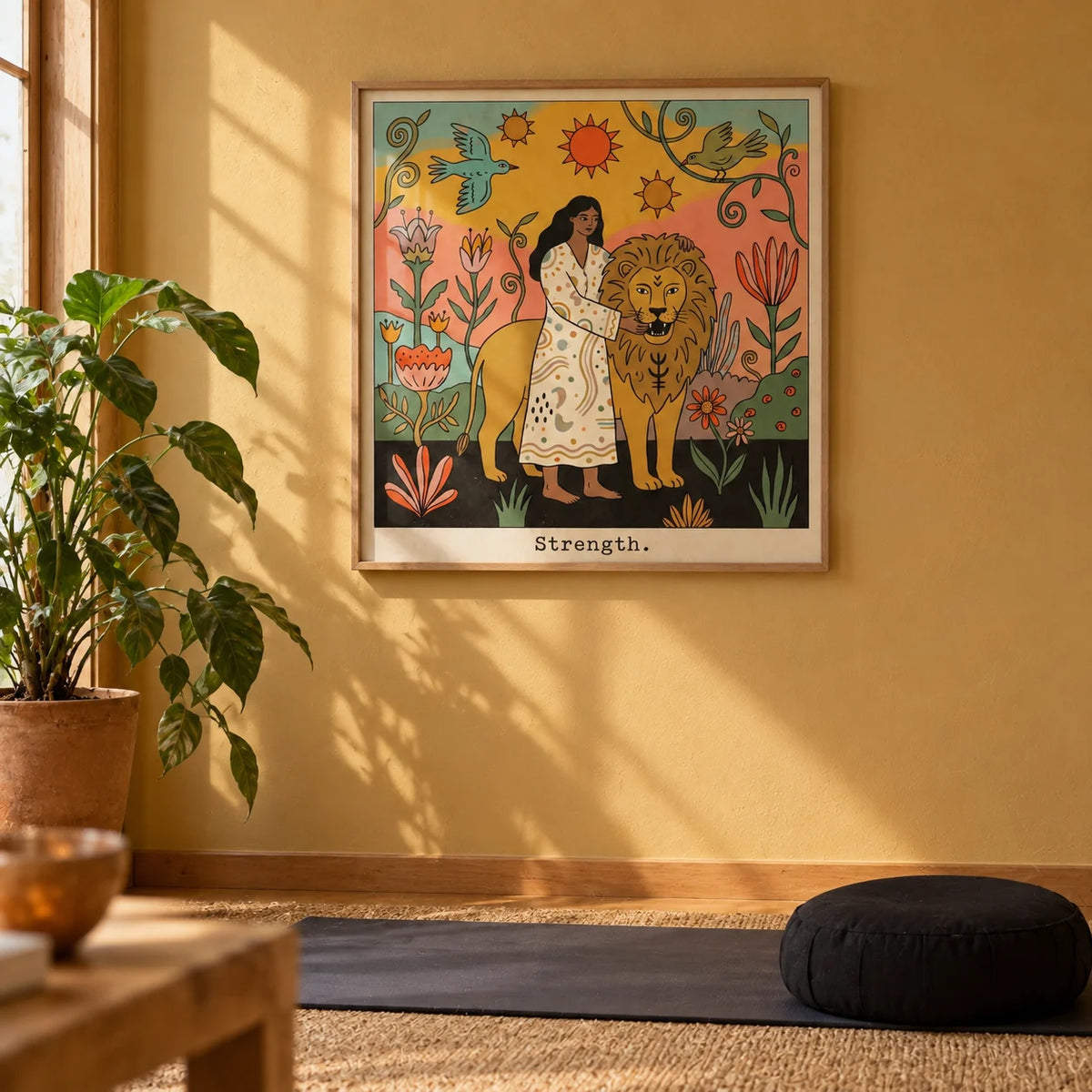 Strength Tarot Card Art, framed on the wall of a meditation corner with a soft ochre painted wall