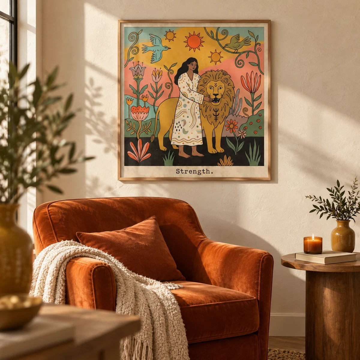 Strength Tarot Card Art, framed on the wall of a reading nook in a living room