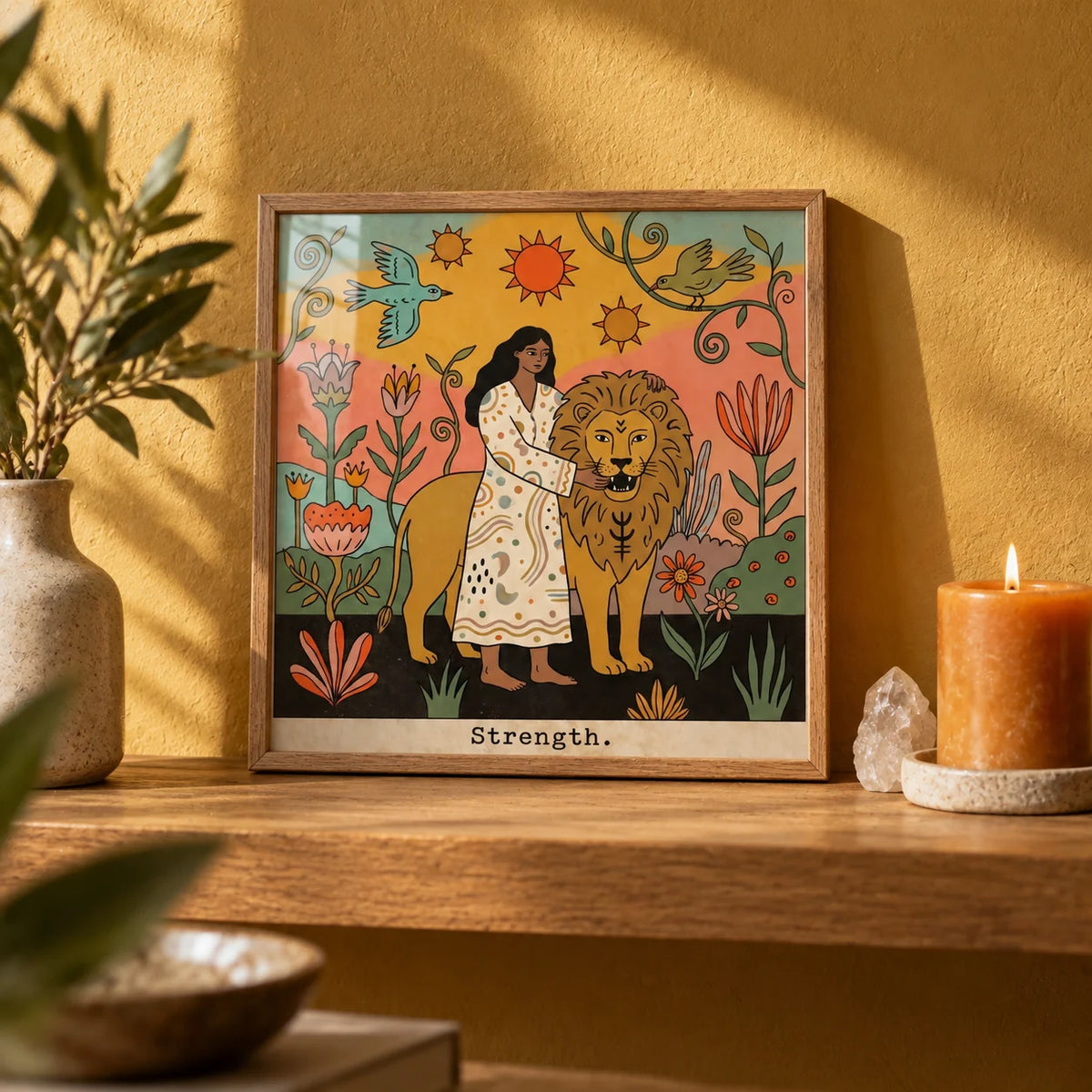 Strength Tarot Card Art, a small A4 framed print leaning on an oak shelf in a living room