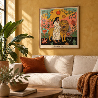 Strength Tarot Card Art, framed on the wall of a warm boho living room with a mustard limewashed wall