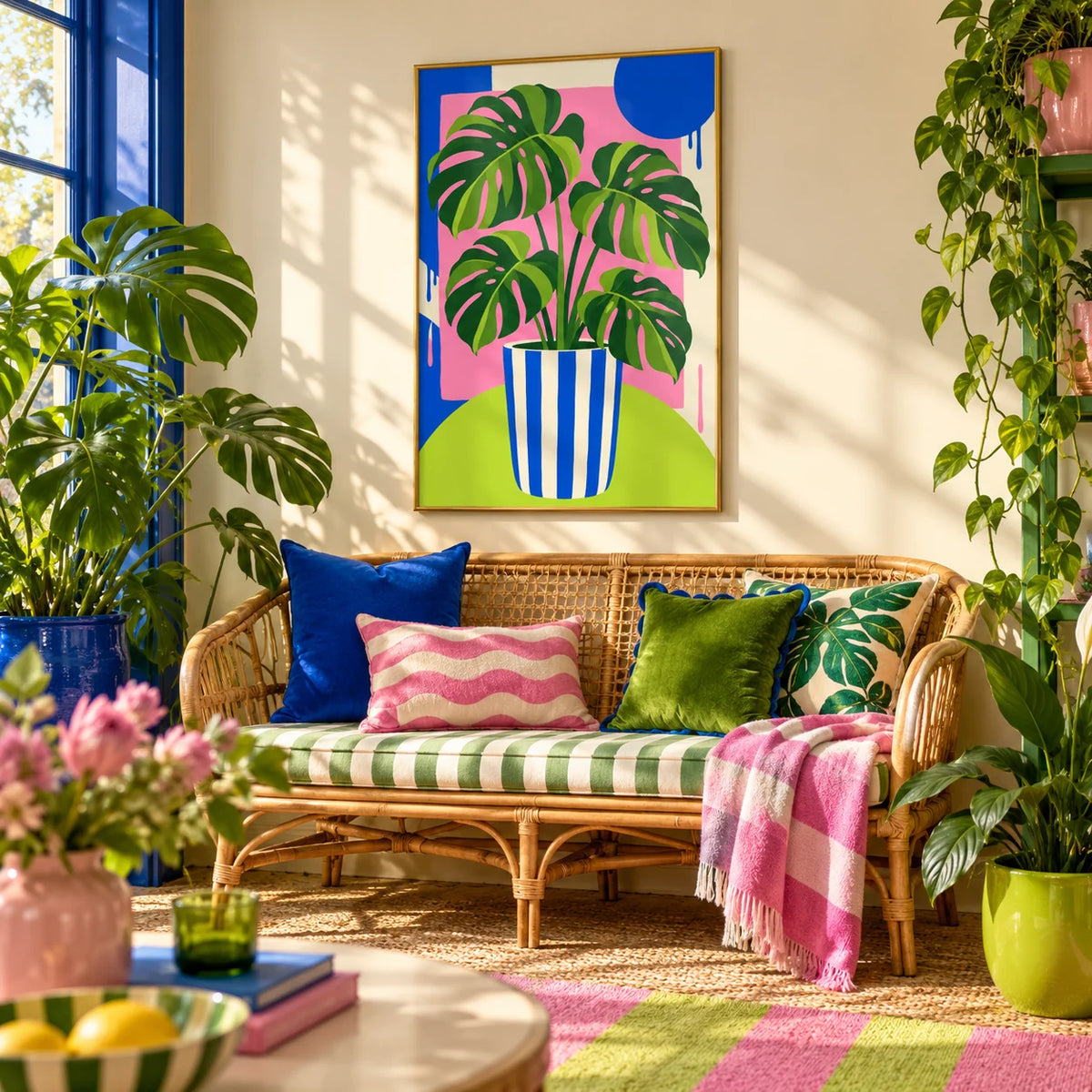 Striped Pot Monstera Print, framed on the wall of a bright sunroom