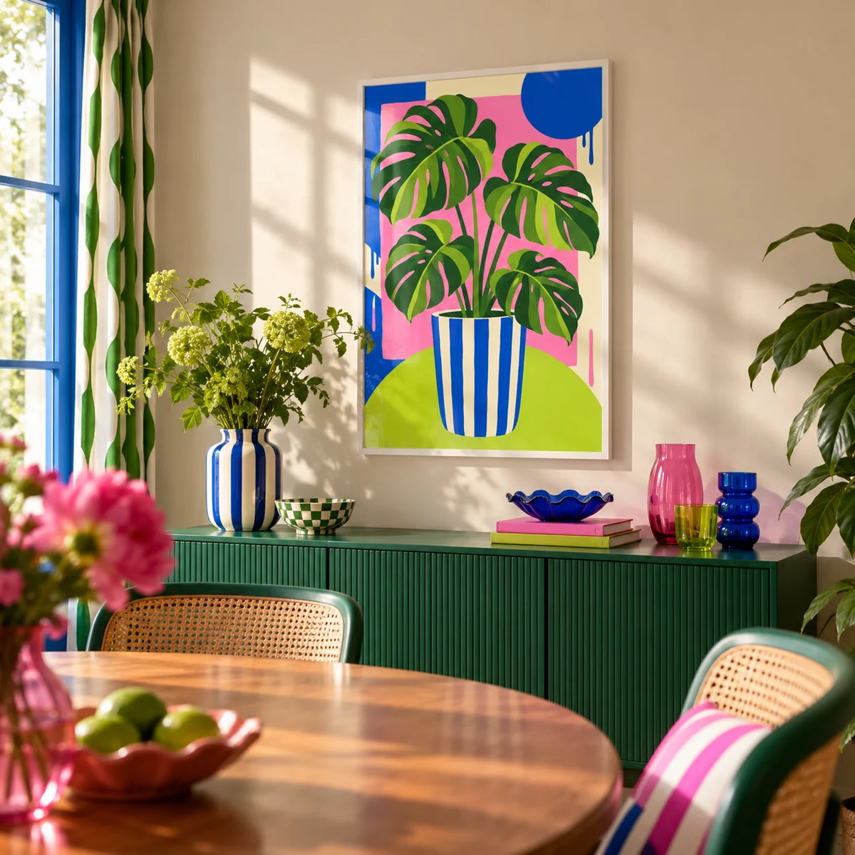 Striped Pot Monstera Print, framed on the wall of a colourful dining room