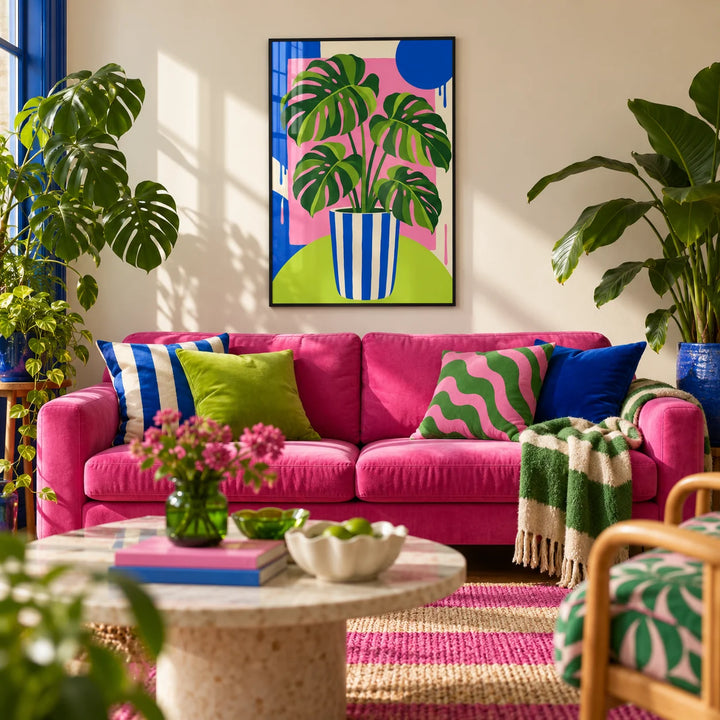 Striped Pot Monstera Print, framed on the wall of a colourful plant-filled living room