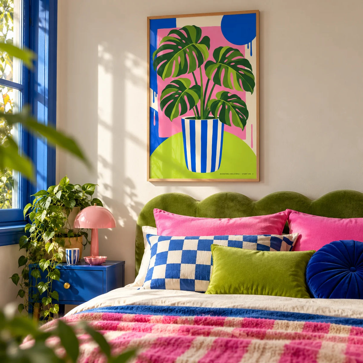 Striped Pot Monstera Print, framed on the wall of a dopamine bedroom