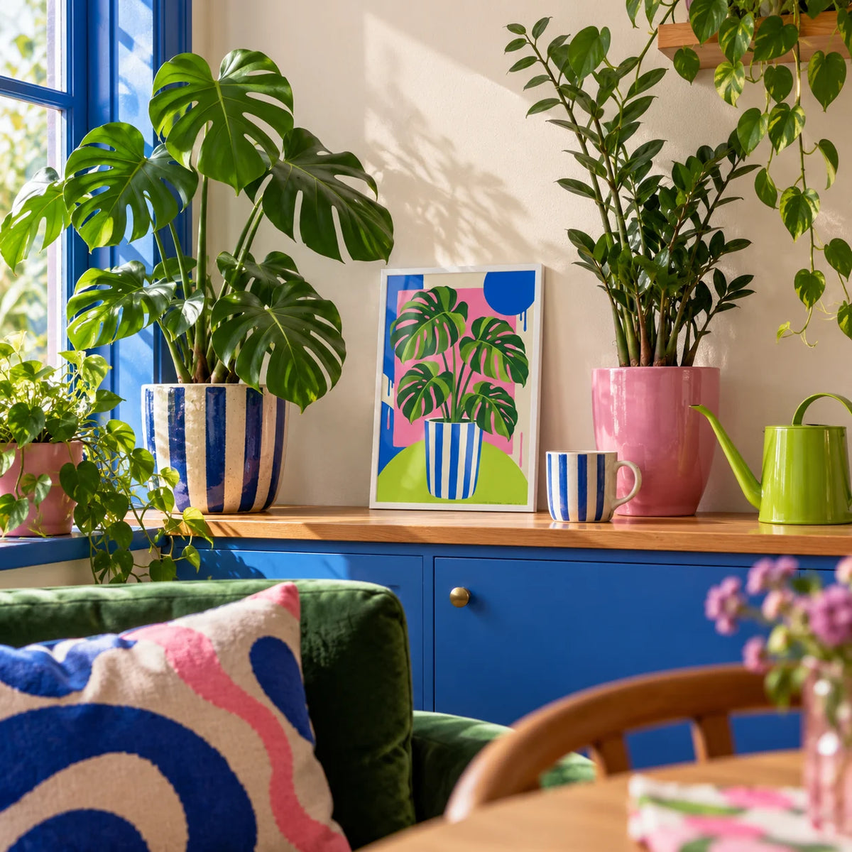 Striped Pot Monstera Print, a small A4 framed print leaning on a windowsill shelf
