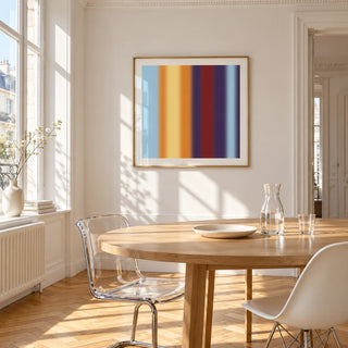 Striped Print, framed on the wall of a bright dining corner