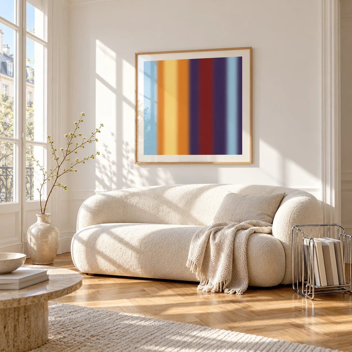 Striped Print, framed on the wall of a bright living room corner