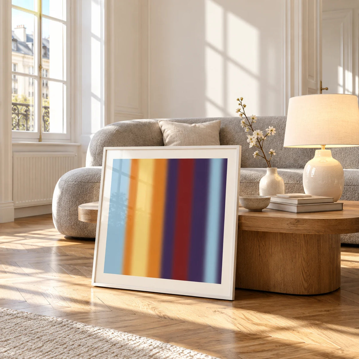 Striped Print, framed and leaning against a coffee table in a bright living room