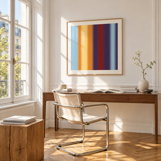 Striped Print, framed on the wall of a bright study corner with a tall white paned window