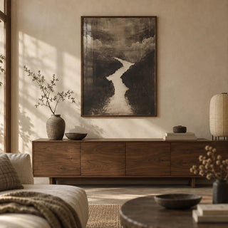 Sumi e Art, framed on the wall of a calm Japandi living room with a warm limewashed wall