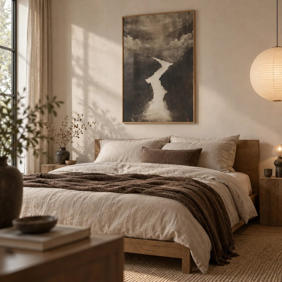 Sumi e Art, framed on the wall of a serene bedroom