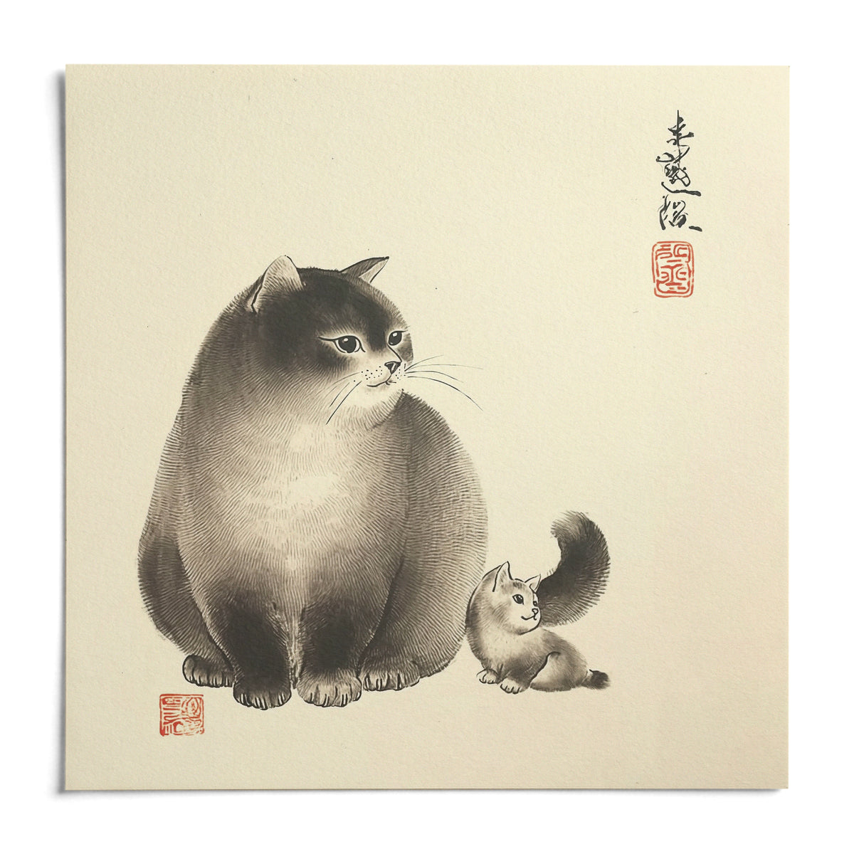 Sumi E Cat Painting, shown as an unframed paper print on a plain white background