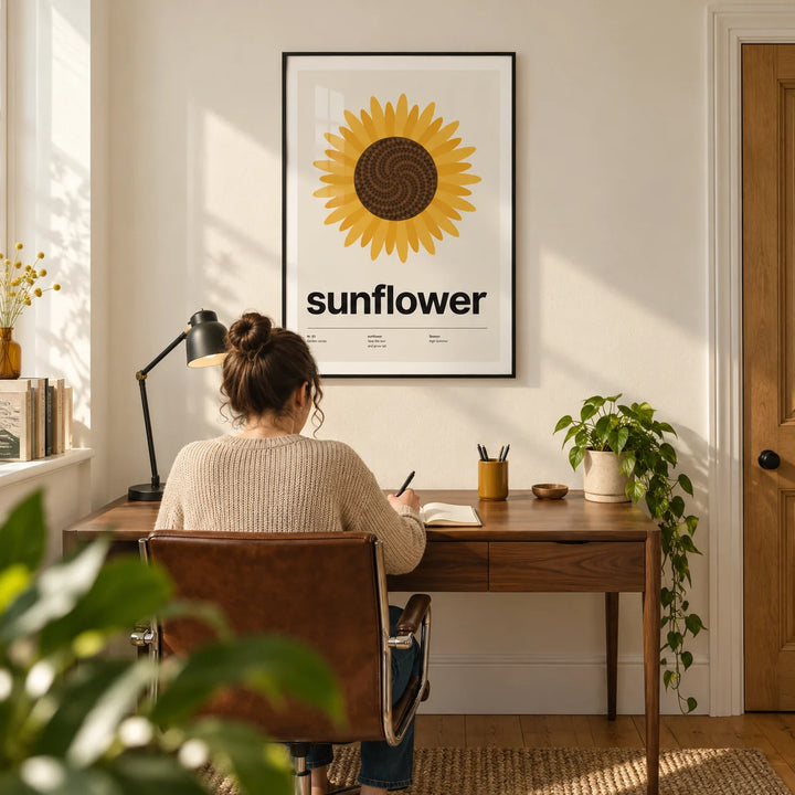 Sunflower Head Print, framed on the wall of a bright modern home office in a UK terraced house with a warm white wall and oak floor