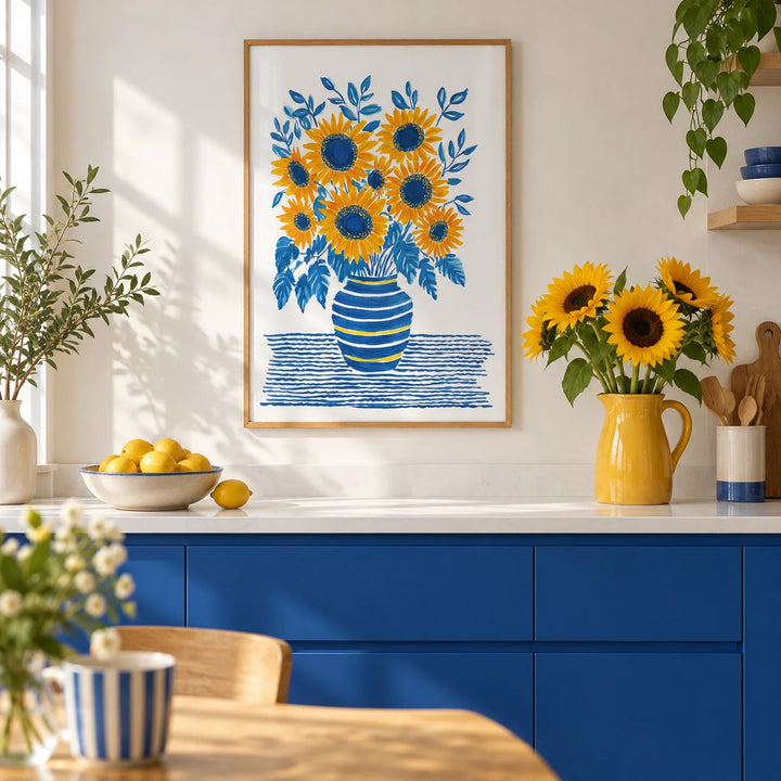 Sunflower Print, framed on the wall of a bright kitchen with plain cobalt blue units and a white worktop
