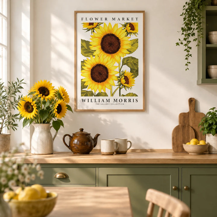 Sunflower Wall Art, framed on the wall of a bright cottage kitchen with a white wall and olive green cabinets