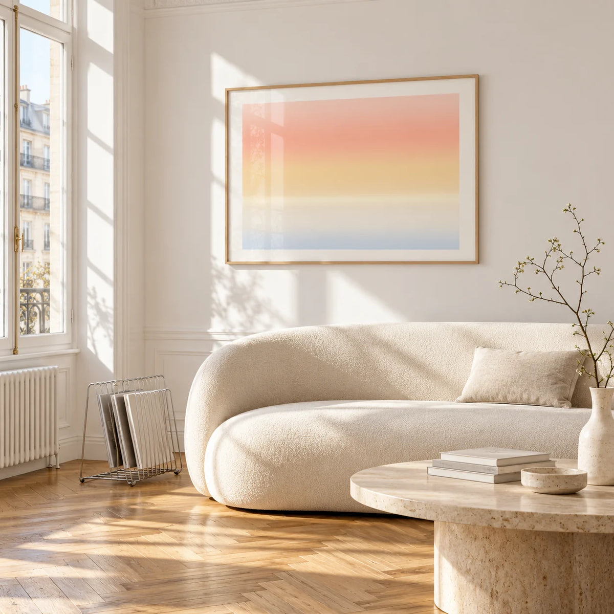 Sunrise Wall Art, framed on the wall of a bright living room corner