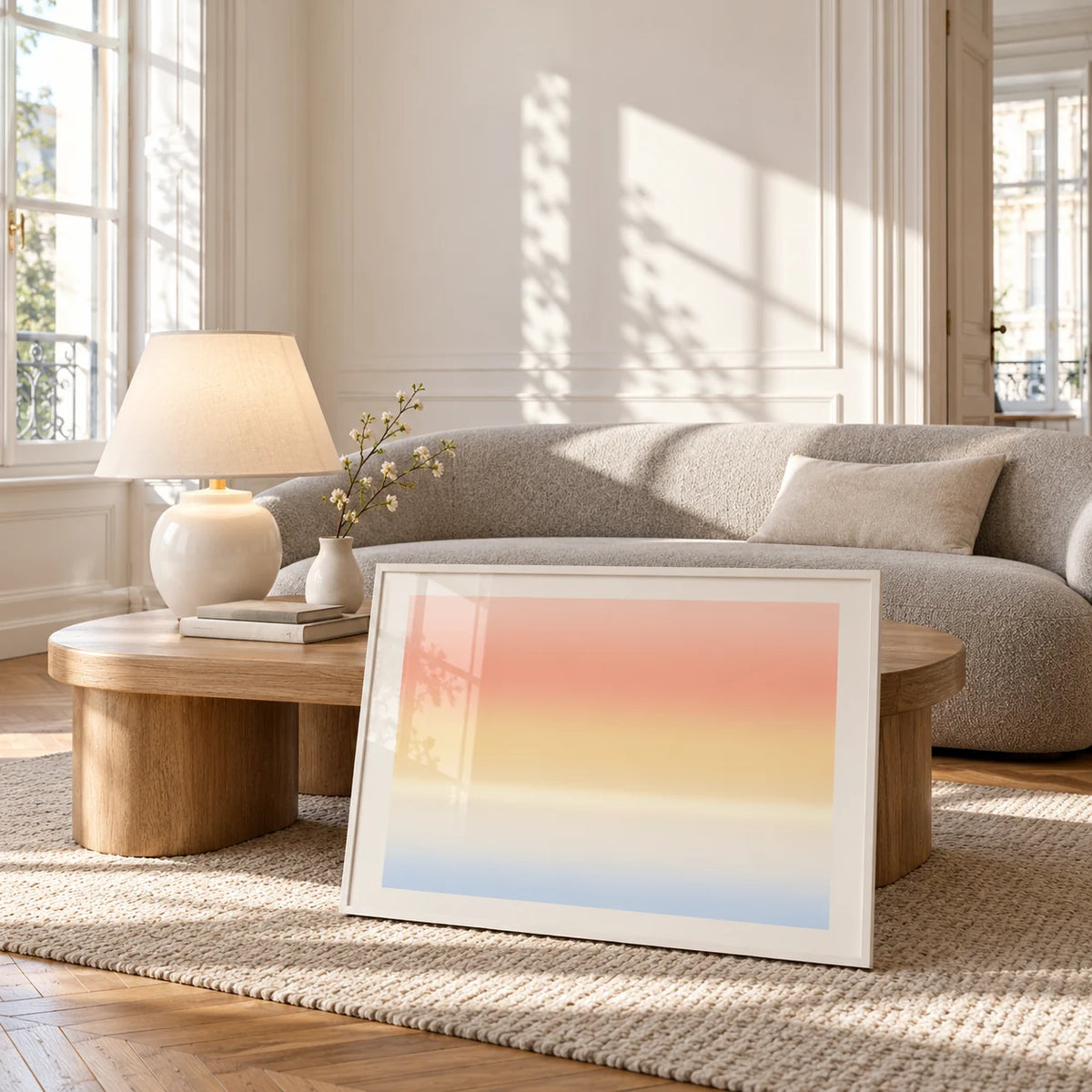 Sunrise Wall Art, framed and leaning against a coffee table in a bright living room
