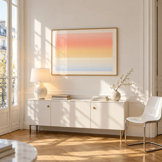 Sunrise Wall Art, framed on the wall of a bright Paris style apartment in a living room