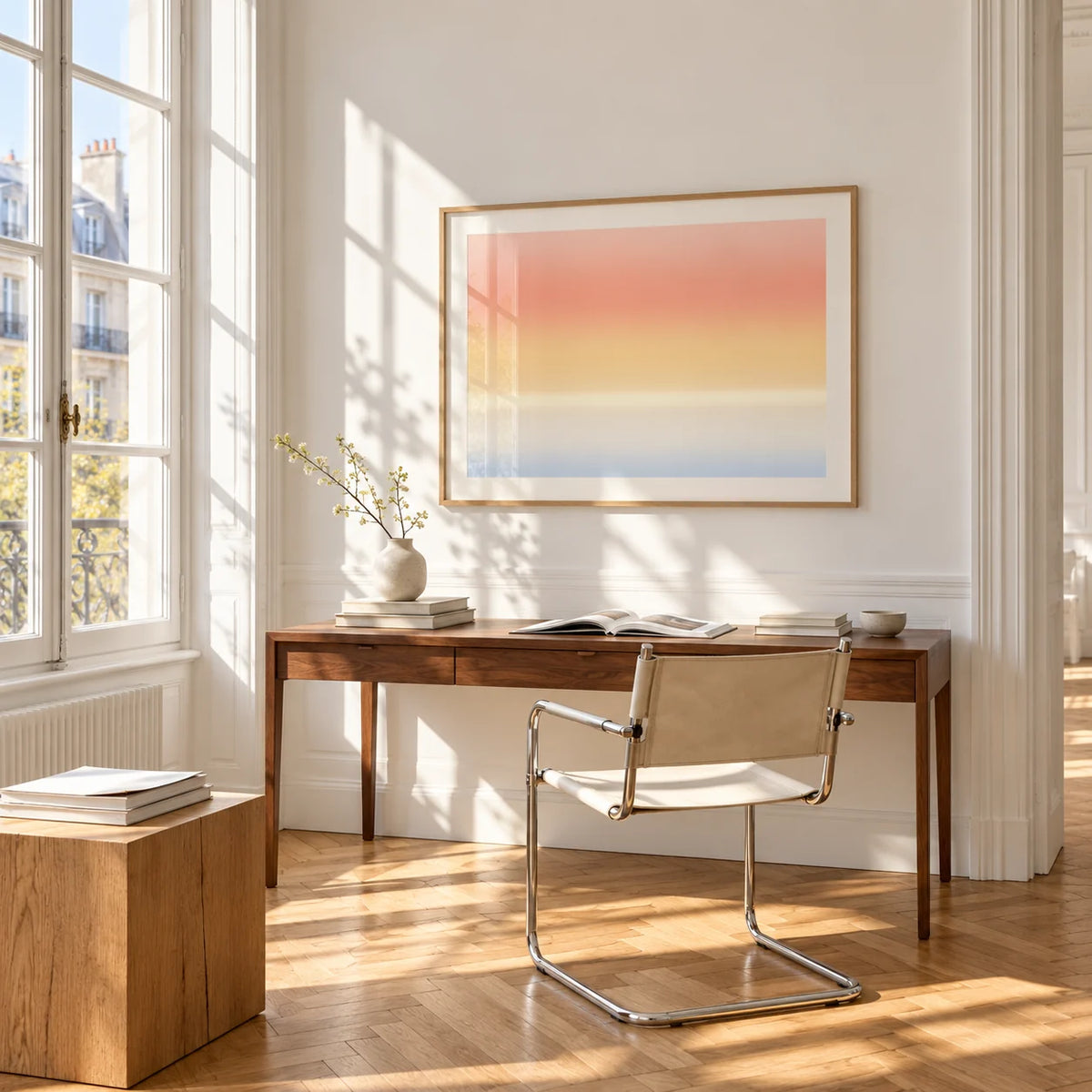 Sunrise Wall Art, framed on the wall of a bright study corner with a tall white paned window