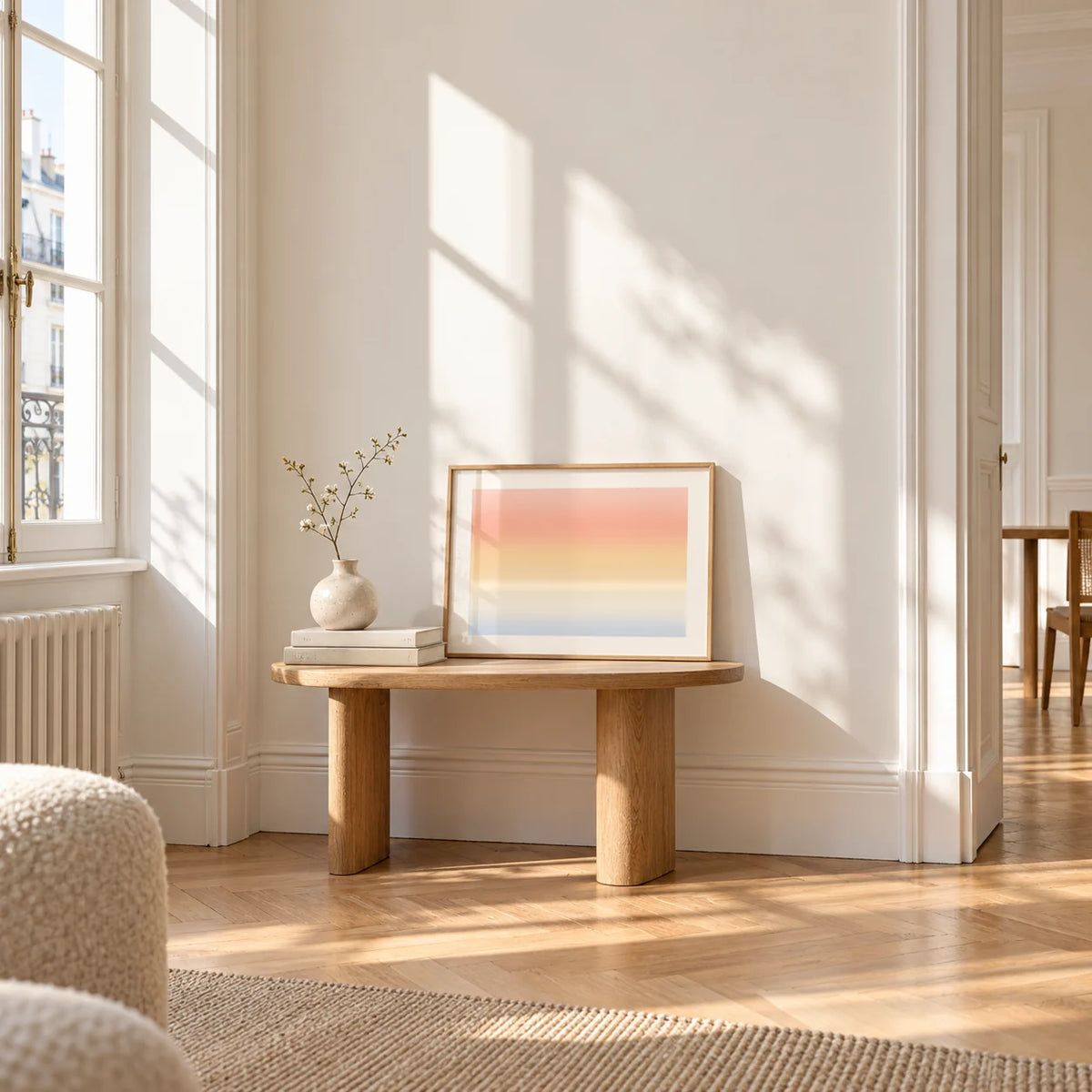 Sunrise Wall Art, a small A4 framed print leaning on a small solid oak side table