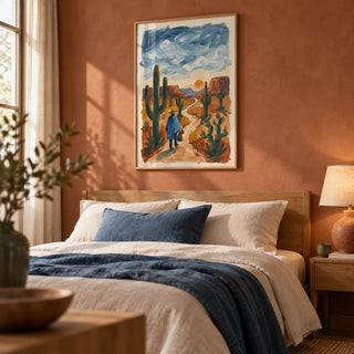 Sunset Cactus Poster Print, framed on the wall of a calm bedroom with a terracotta limewashed wall