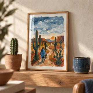 Sunset Cactus Poster Print, a small A4 framed print leaning on an oak shelf in a living room