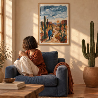 Sunset Cactus Poster Print, framed on the wall of a warm desert-modern living room with limewashed plaster walls and a plain terracotta floor
