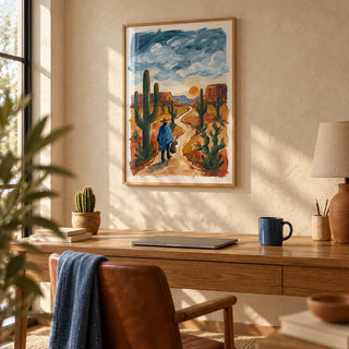 Sunset Cactus Poster Print, framed on the wall of a warm home office with a sand plaster wall