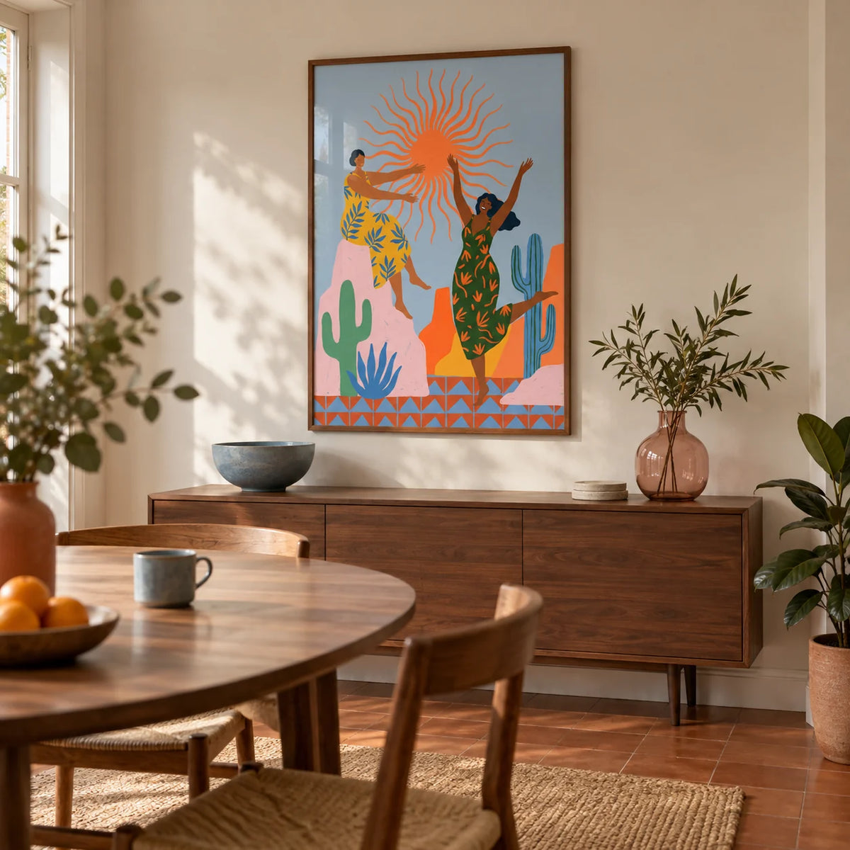 Sunset Women Art Print, framed on the wall of a contemporary dining room in a UK terraced house with a warm white wall and a terracotta floor