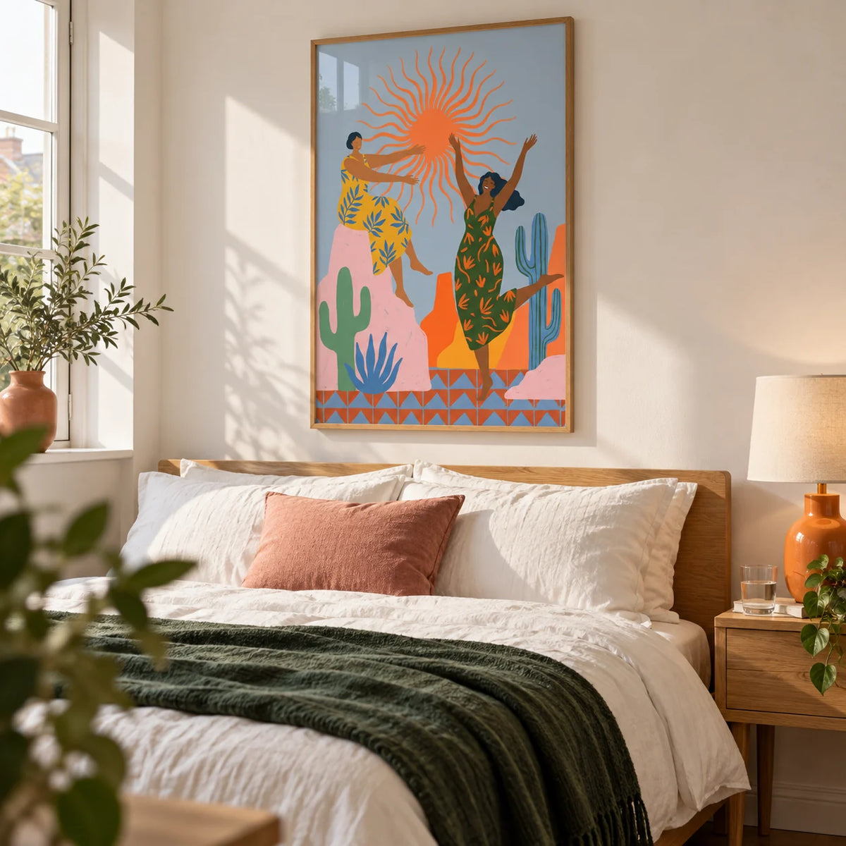 Sunset Women Art Print, framed on the wall of a warm contemporary bedroom for a woman (25-40) in a UK home with ivory walls and a low oak double bed