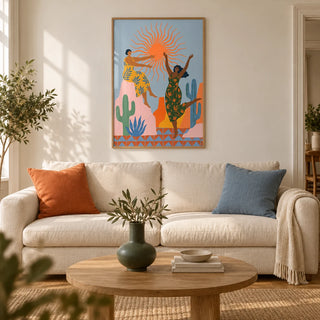 Sunset Women Art Print, framed on the wall of a warm modern living room in a UK first flat (22-28)