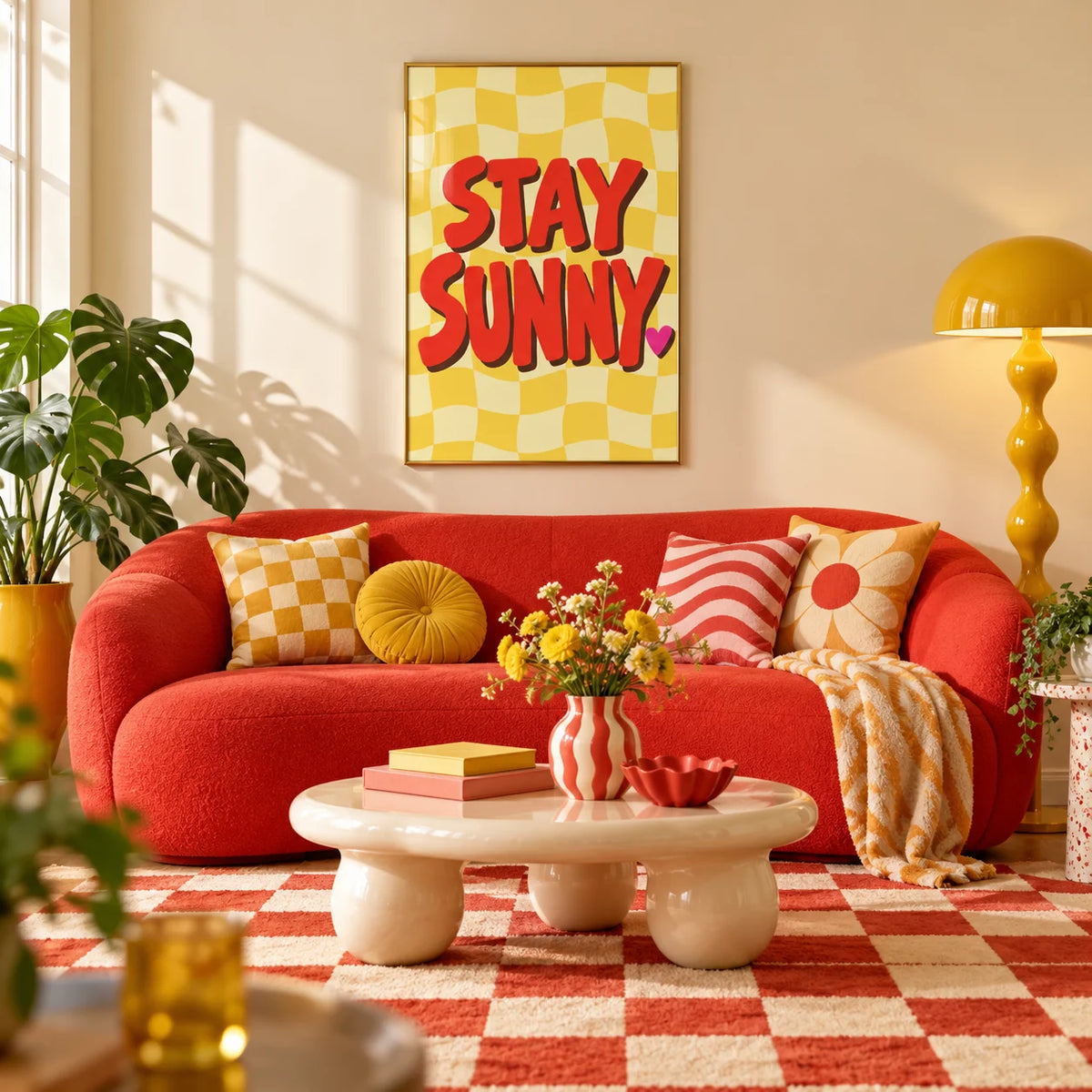 Sunshine Print, framed on the wall of a colourful dopamine living room
