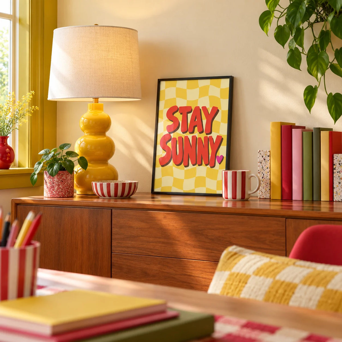 Sunshine Print, a small A4 framed print leaning on a desk