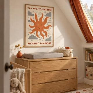 Sunshine Quote Wall Art, framed on the wall of a compact attic nursery in a UK Victorian terrace with a sloping ceiling