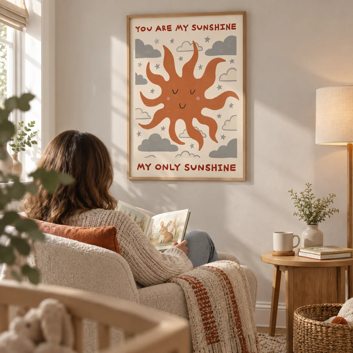 Sunshine Quote Wall Art, framed on the wall of a quiet nursery reading corner in a UK first family home with a pale warm grey wall
