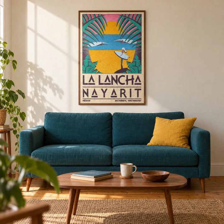 Surfer Beach Art Print, framed on the wall of a warm retro coastal living room in a UK first flat (22-28)