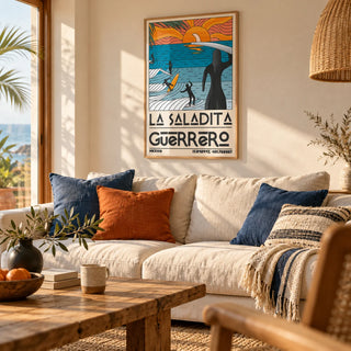 Surfing Sunset Print, framed on the wall of a beach house living room