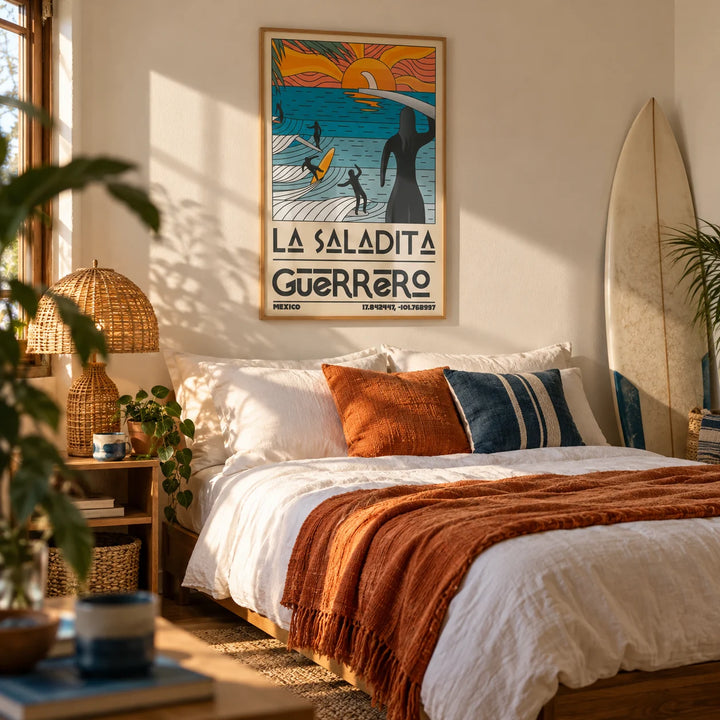 Surfing Sunset Print, framed on the wall of a relaxed young surfer's bedroom (age 20-30)