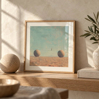 Surreal Art for Sale, a small A4 framed print leaning on an oak shelf in a living room