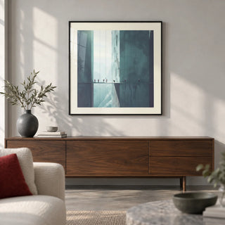 Surreal Art Prints, framed on the wall of a calm modern living room with a pale grey wall and a polished concrete floor