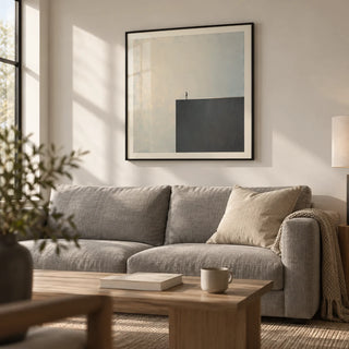 Surreal Black and White Art, framed on the wall of a calm minimal living room