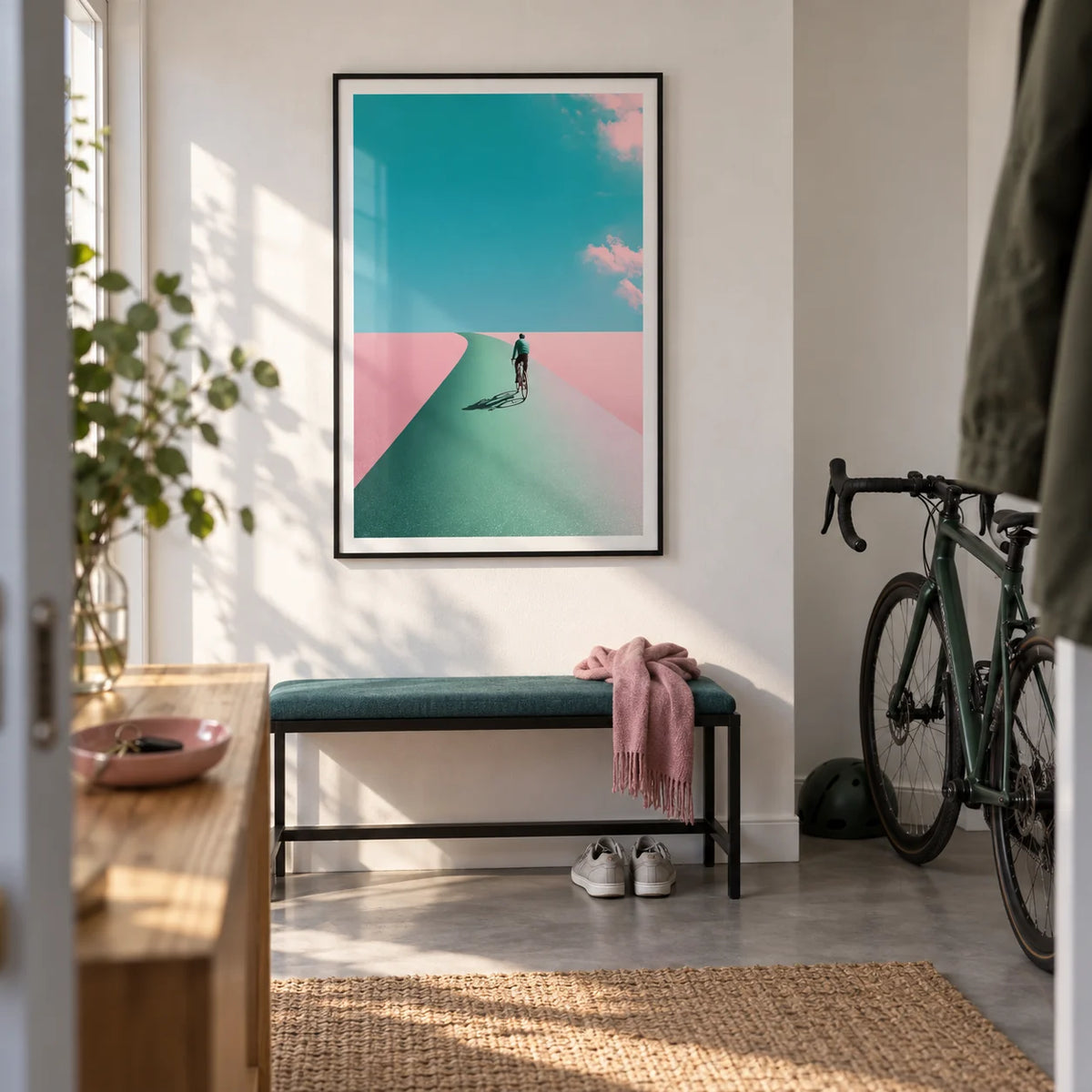 Surreal Cycling Art Print, framed on the wall of a bright entrance hallway in a cycling enthusiast's first flat (22-28)