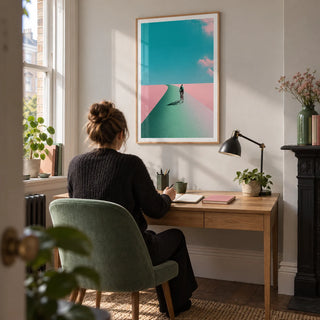 Surreal Cycling Art Print, framed on the wall of a compact home study in a Victorian terrace with a pale grey wall and a muted green desk chair
